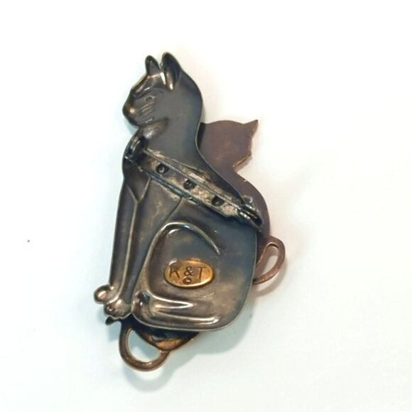 Vintage K&T Mixed Metal Tricolor Cats Brooch Pin 3 Inches - Picture 2 of 4